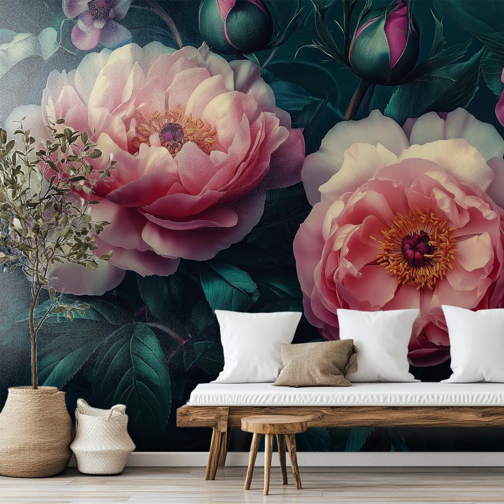 Dark Floral Peony Luxury Floral Wallpaper – room setting, Golden Era Walls