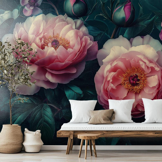 Dark Floral Peony Luxury Floral Wallpaper – room setting, Golden Era Walls