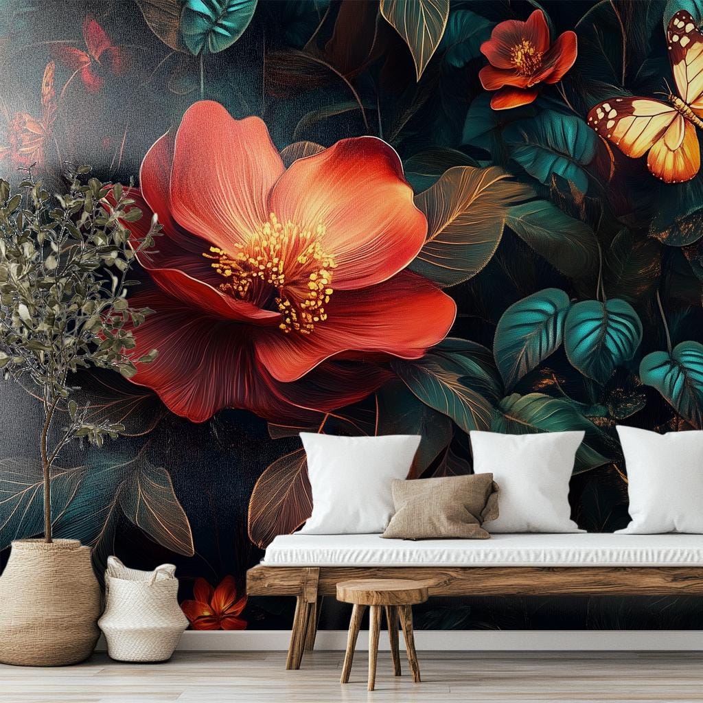 Dark Floral Art Moody Floral Wallpaper – room setting, Golden Era Walls
