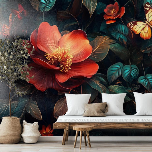 Dark Floral Art Moody Floral Wallpaper – room setting, Golden Era Walls