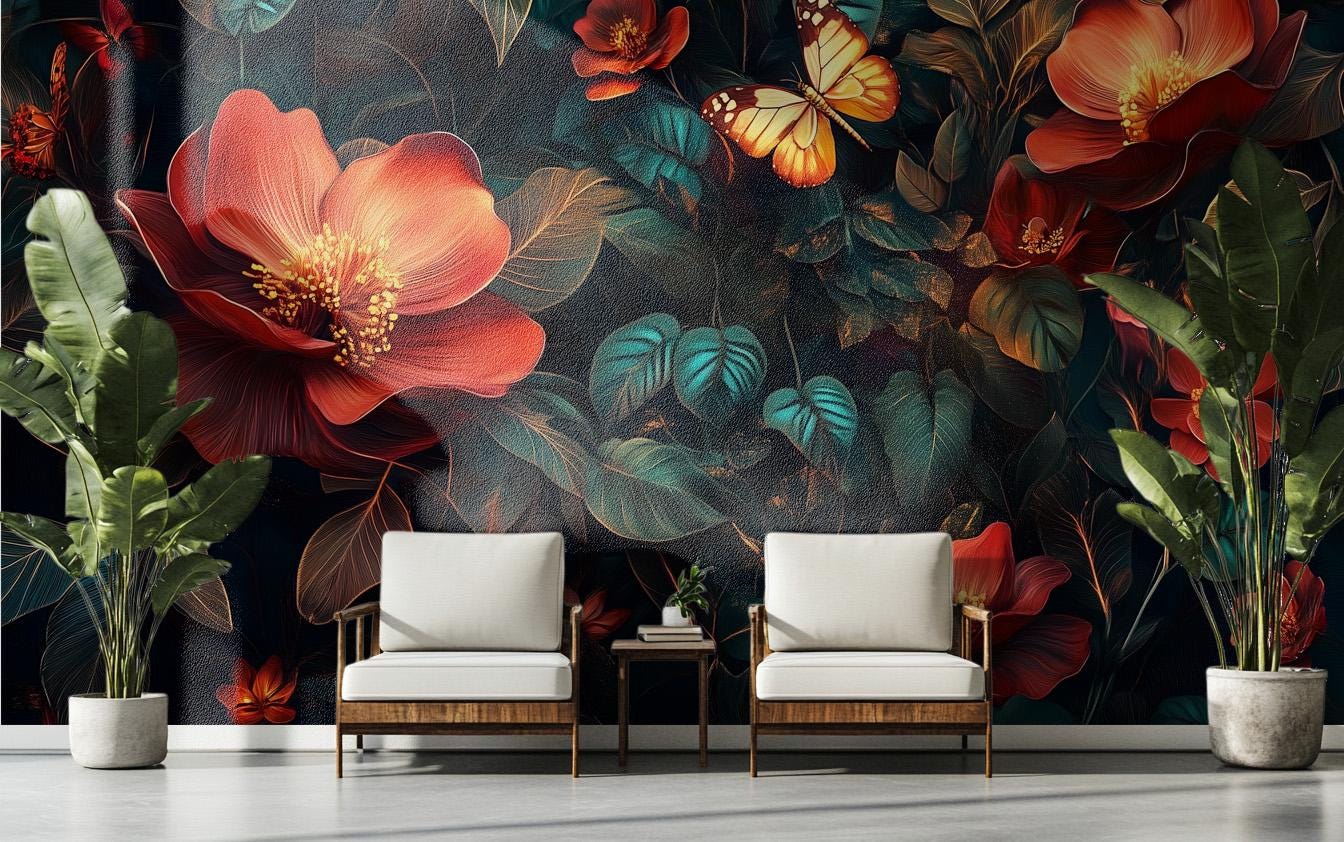 Dark Floral Art Moody Floral Wallpaper – detail view, Golden Era Walls