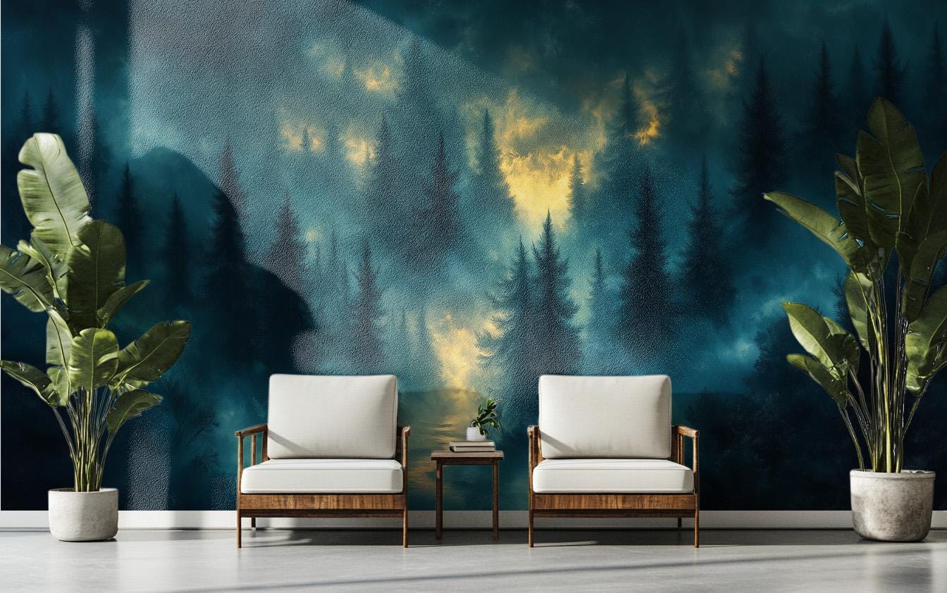 Dark Fantasy Forest Moody Wallpaper – room setting, Golden Era Walls