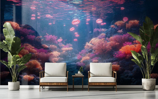 Bioluminescent Coral Kingdom Vibrant Coastal Wallpaper – peel and stick wallpaper mural, Golden Era Walls