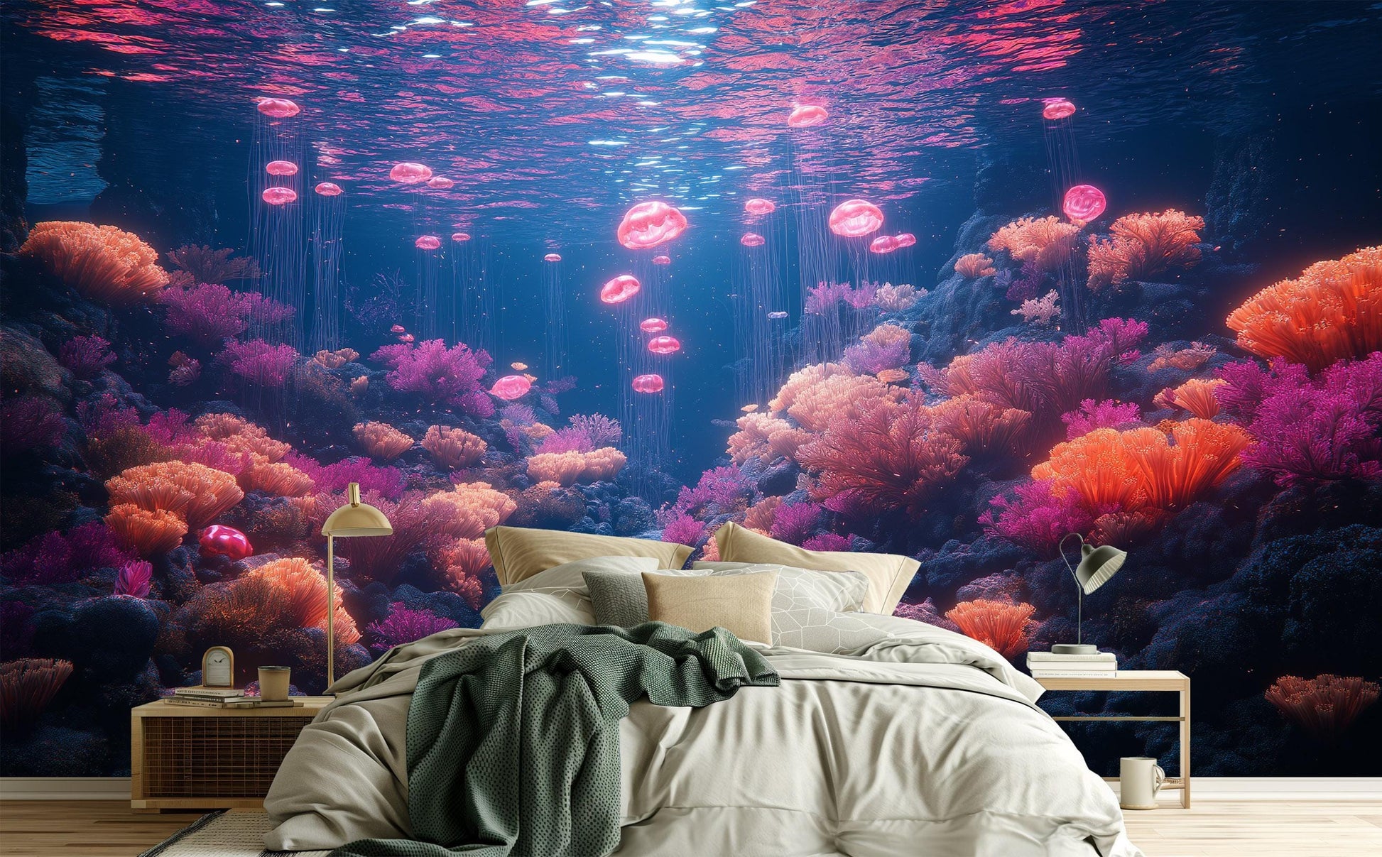 Bioluminescent Coral Kingdom Vibrant Coastal Wallpaper – lifestyle view, Golden Era Walls