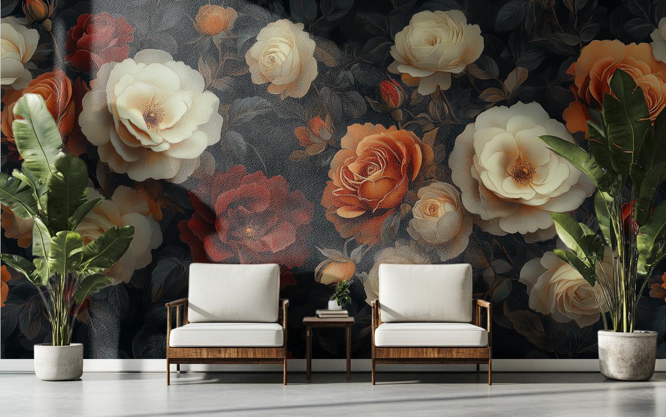 Dark Floral Vintage Inspired Floral Wallpaper – detail view, Golden Era Walls