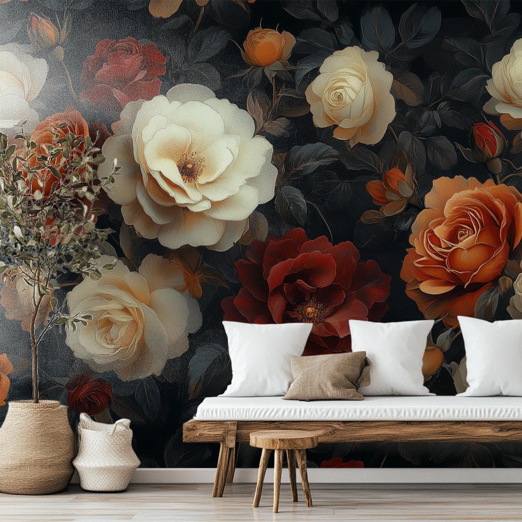 Dark Floral Vintage Inspired Floral Wallpaper – scale reference, Golden Era Walls