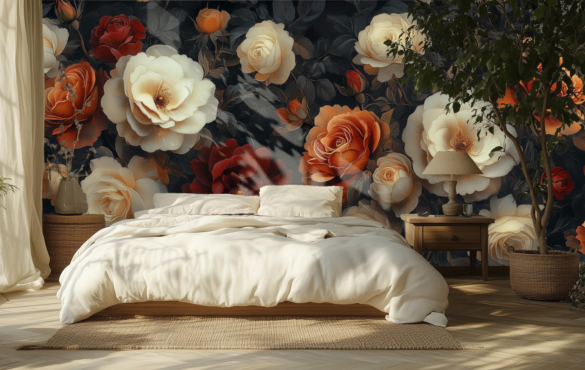 Dark Floral Vintage Inspired Floral Wallpaper – room setting, Golden Era Walls