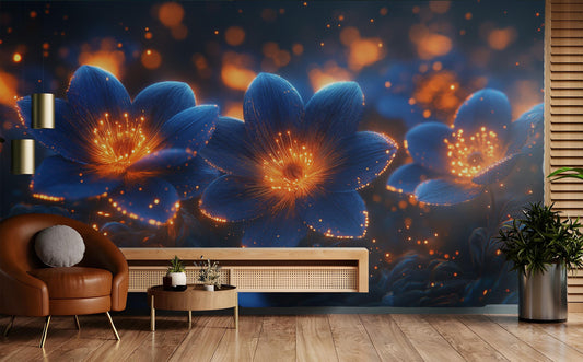 Dark Indigo Floral Renter Floral Wallpaper – detail view, Golden Era Walls