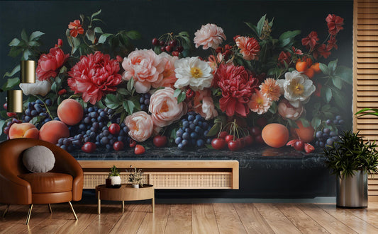 Dark Moody Botanical Elegant Floral Wallpaper – room setting, Golden Era Walls