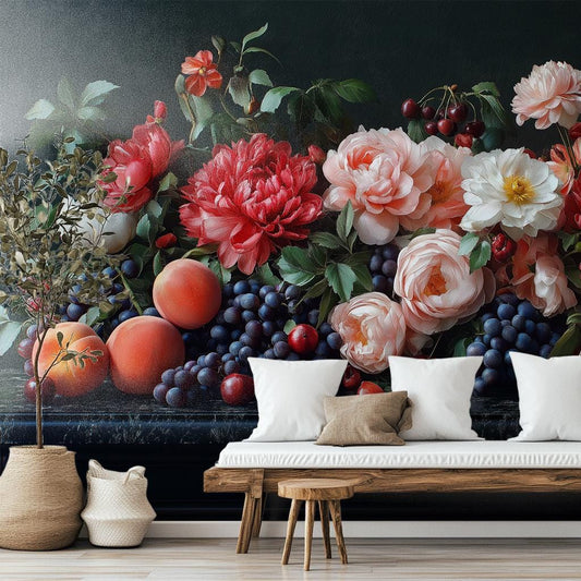 Dark Moody Botanical Elegant Floral Wallpaper – lifestyle view, Golden Era Walls