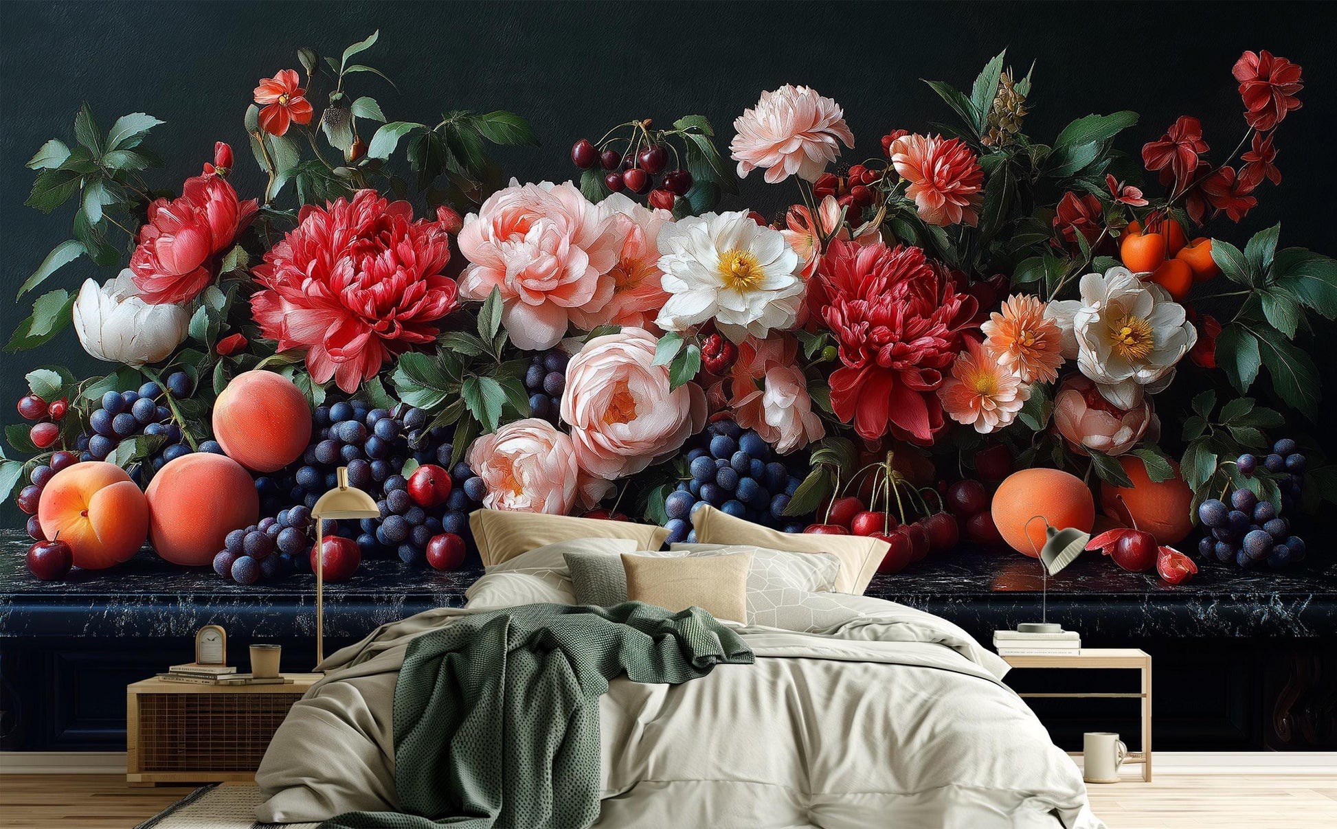 Dark Moody Botanical Elegant Floral Wallpaper – detail view, Golden Era Walls