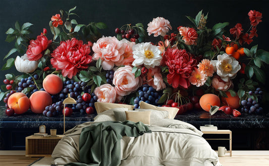 Dark Moody Botanical Elegant Floral Wallpaper – detail view, Golden Era Walls