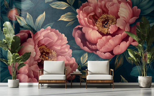 Dark Pink Gold Peony Floral Wallpaper Pattern – peel and stick wallpaper mural, Golden Era Walls