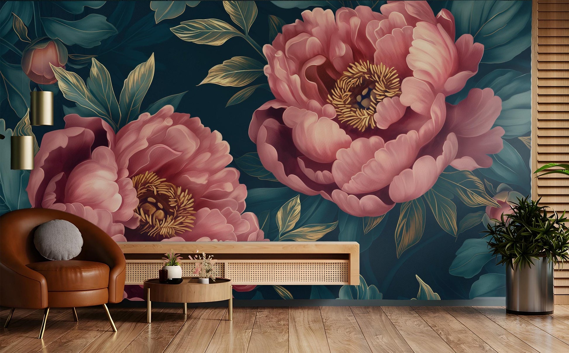 Dark Pink Gold Peony Floral Wallpaper Pattern – scale reference, Golden Era Walls