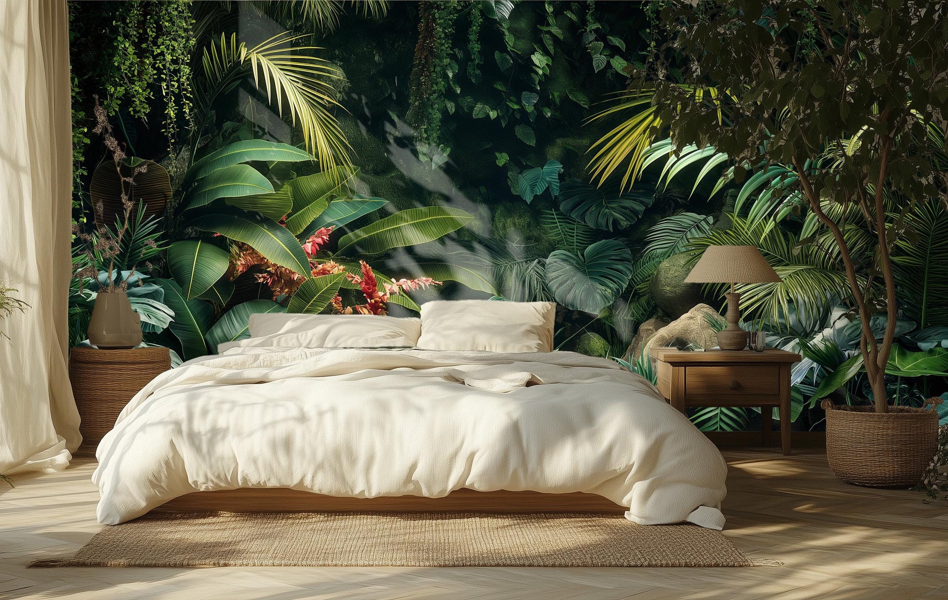 Dark Tropical Jungle Lush Floral Wallpaper – scale reference, Golden Era Walls