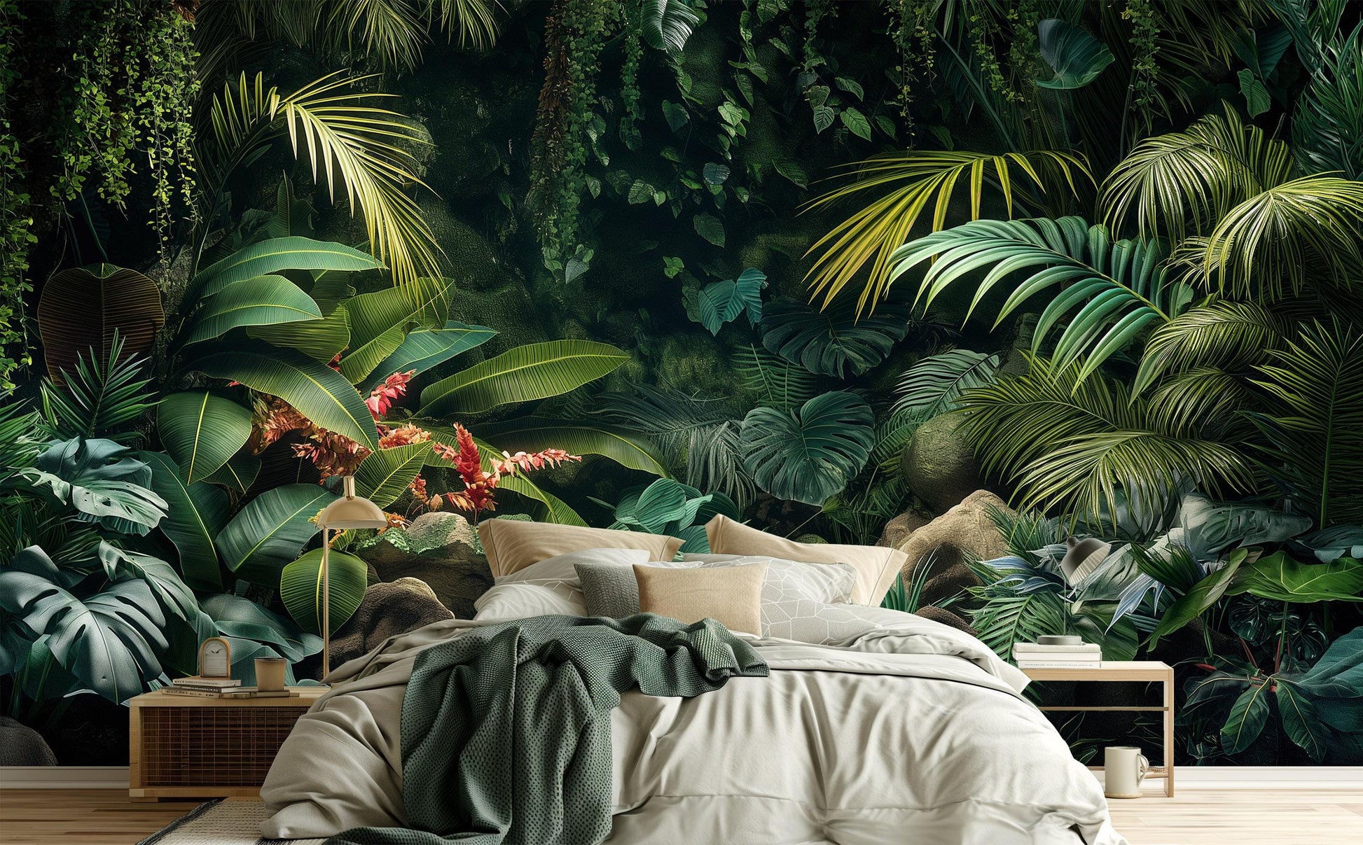 Dark Tropical Jungle Lush Floral Wallpaper – peel and stick wallpaper mural, Golden Era Walls