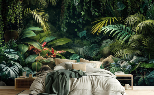 Dark Tropical Jungle Lush Floral Wallpaper – peel and stick wallpaper mural, Golden Era Walls