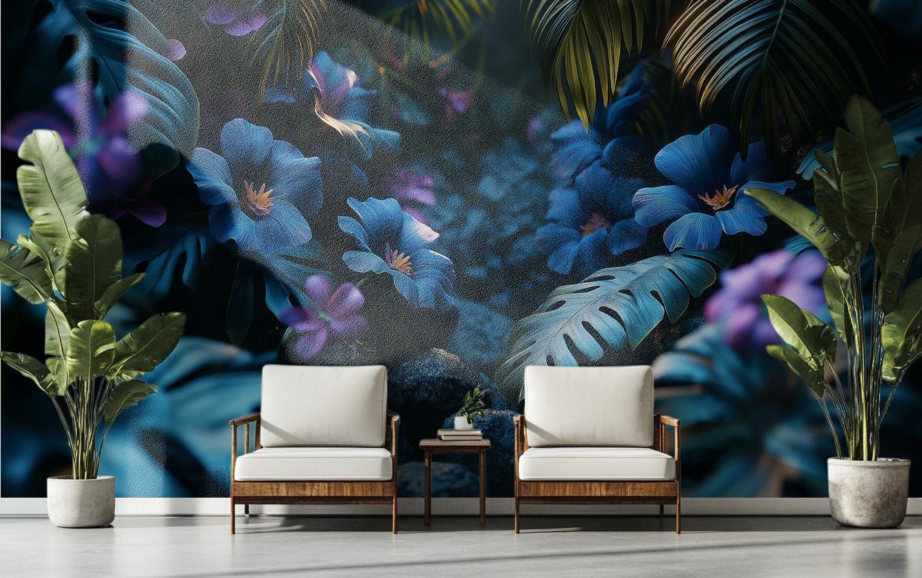 Dark Tropical Jungle Gothic Floral Wallpaper – scale reference, Golden Era Walls