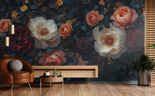 Dark Vintage Floral Dramatic Floral Wallpaper – lifestyle view, Golden Era Walls