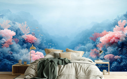 Dreamy Blue Pink Coral Coastal Wallpaper – lifestyle view, Golden Era Walls