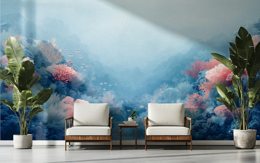 Dreamy Blue Pink Coral Coastal Wallpaper – room setting, Golden Era Walls