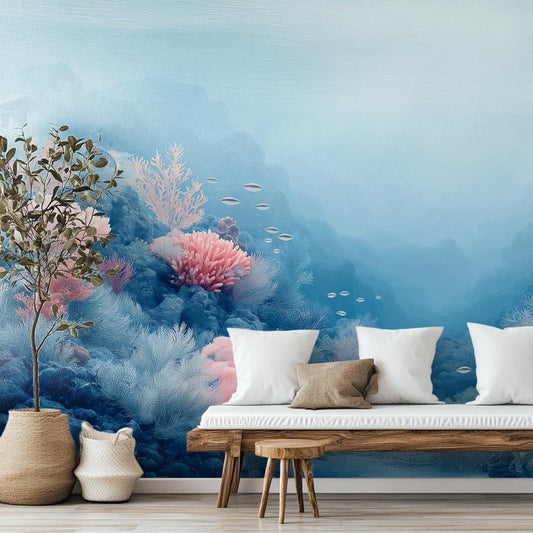 Dreamy Blue Pink Coral Coastal Wallpaper – peel and stick wallpaper mural, Golden Era Walls