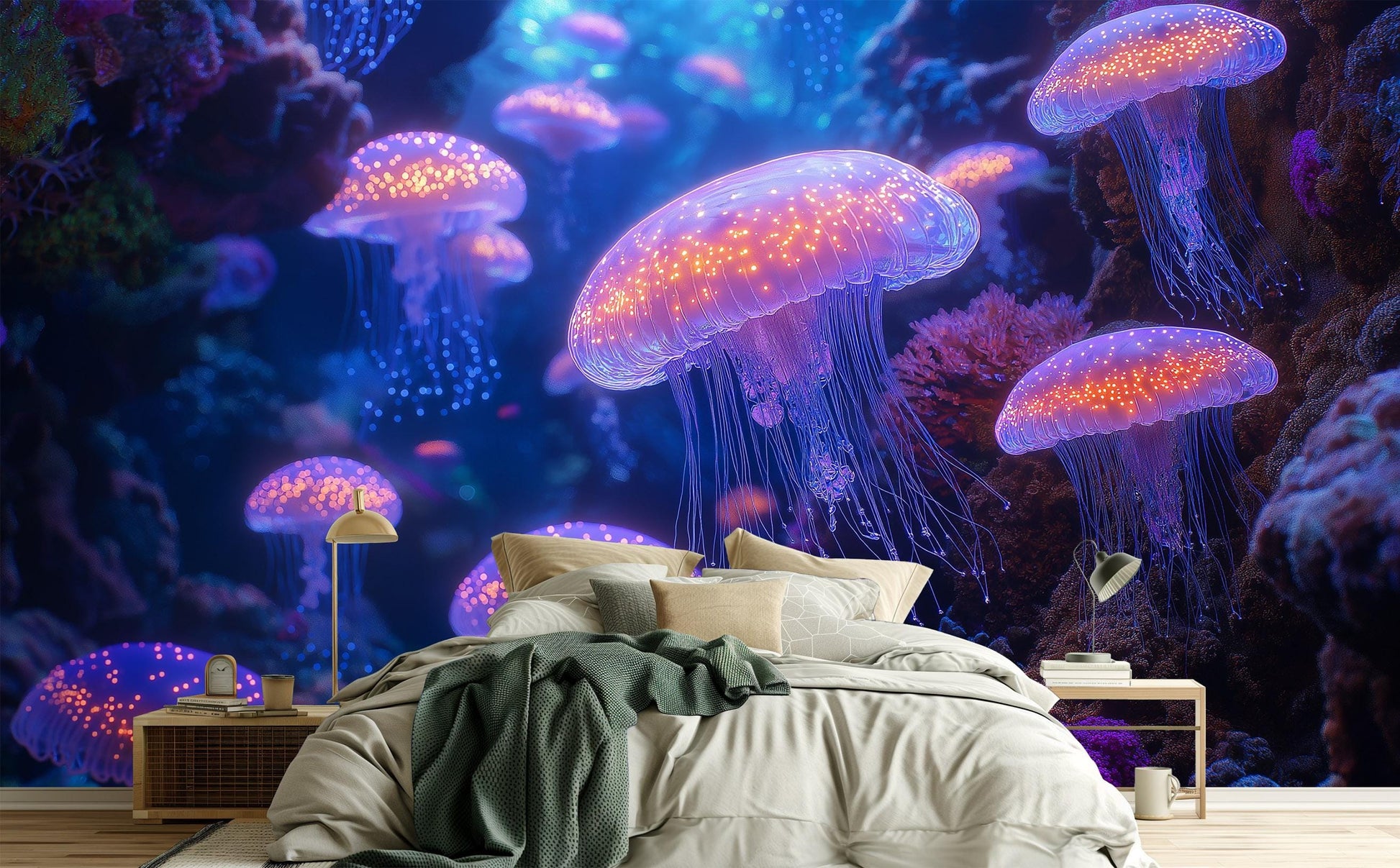 Deep Sea Jellyfish Glow Coastal Wallpaper – scale reference, Golden Era Walls