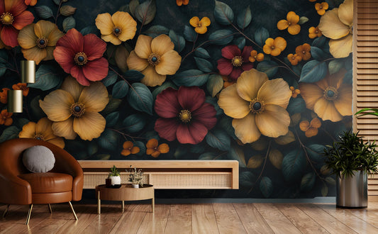 Dark Academia Floral Moody Floral Wallpaper – room setting, Golden Era Walls