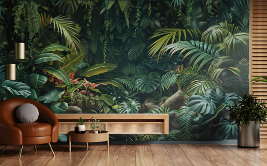 Custom Tropical Dark Green Floral Wallpaper – detail view, Golden Era Walls