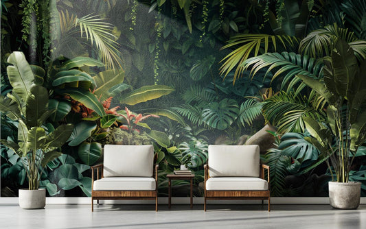 Custom Tropical Dark Green Floral Wallpaper – lifestyle view, Golden Era Walls
