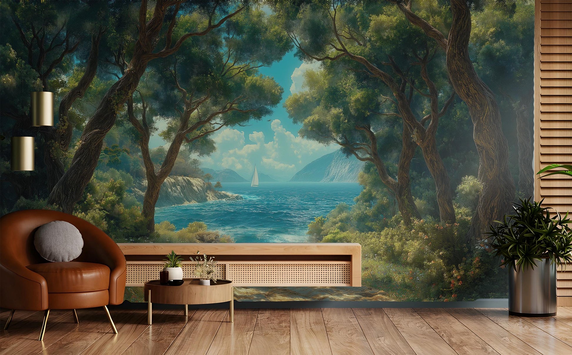 Coastal Forest Mediterranean Ocean Tropical Wallpaper – detail view, Golden Era Walls