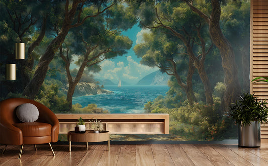 Coastal Forest Mediterranean Ocean Tropical Wallpaper – detail view, Golden Era Walls