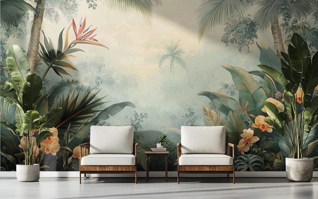 Vintage Tropical Botanical Jungle Floral Wallpaper – peel and stick wallpaper mural, Golden Era Walls