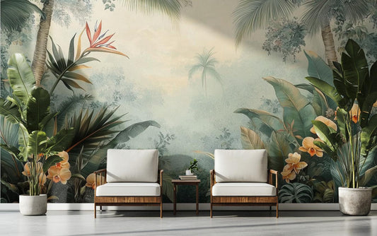 Vintage Tropical Botanical Jungle Floral Wallpaper – peel and stick wallpaper mural, Golden Era Walls