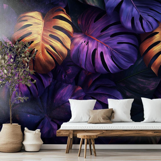 Luxury Botanical Art Purple Floral Wallpaper – room setting, Golden Era Walls