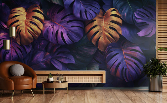 Luxury Botanical Art Purple Floral Wallpaper – lifestyle view, Golden Era Walls