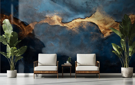 Luxury Dark Blue Gold Geometric Wallpaper – room setting, Golden Era Walls