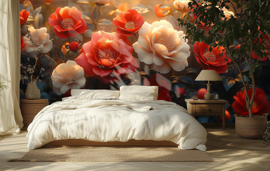 Luxury Floral Red Ivory Floral Wallpaper – room setting, Golden Era Walls