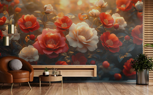 Luxury Floral Red Ivory Floral Wallpaper – detail view, Golden Era Walls