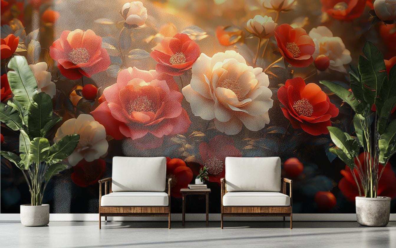 Luxury Floral Red Ivory Floral Wallpaper – scale reference, Golden Era Walls