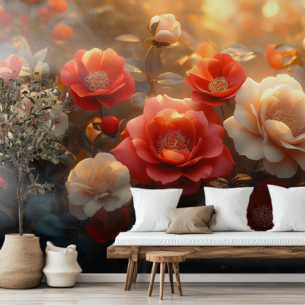 Luxury Floral Red Ivory Floral Wallpaper – lifestyle view, Golden Era Walls