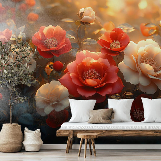 Luxury Floral Red Ivory Floral Wallpaper – lifestyle view, Golden Era Walls