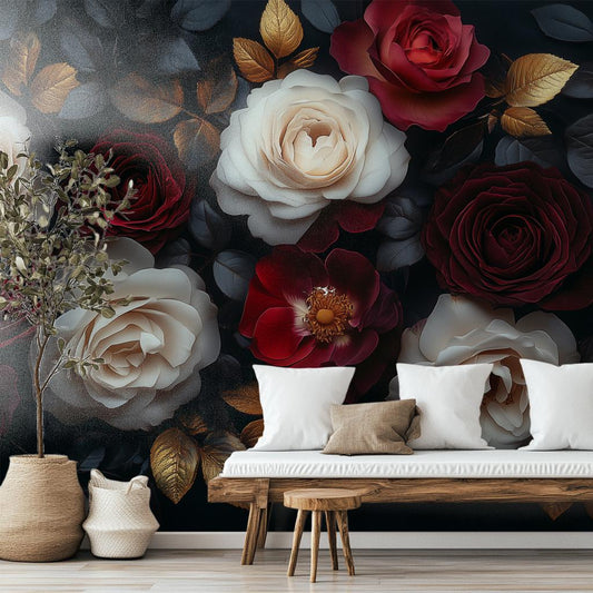 Luxury Vintage Rose Elegant Floral Wallpaper – room setting, Golden Era Walls