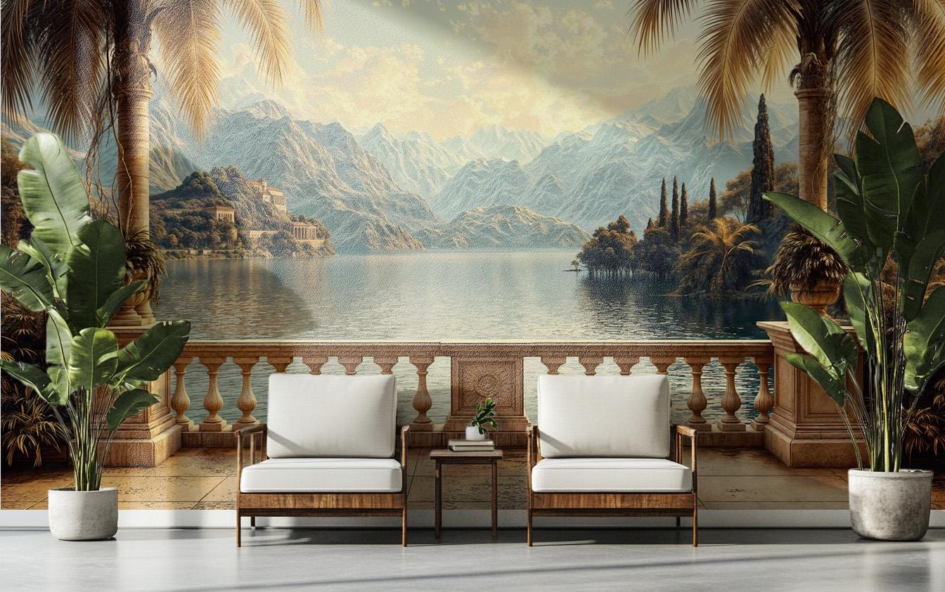 Mediterranean Balcony Elegant Lake Tropical Wallpaper – lifestyle view, Golden Era Walls