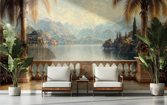 Mediterranean Balcony Elegant Lake Tropical Wallpaper – lifestyle view, Golden Era Walls
