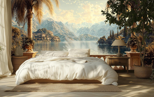 Mediterranean Balcony Elegant Lake Tropical Wallpaper – detail view, Golden Era Walls