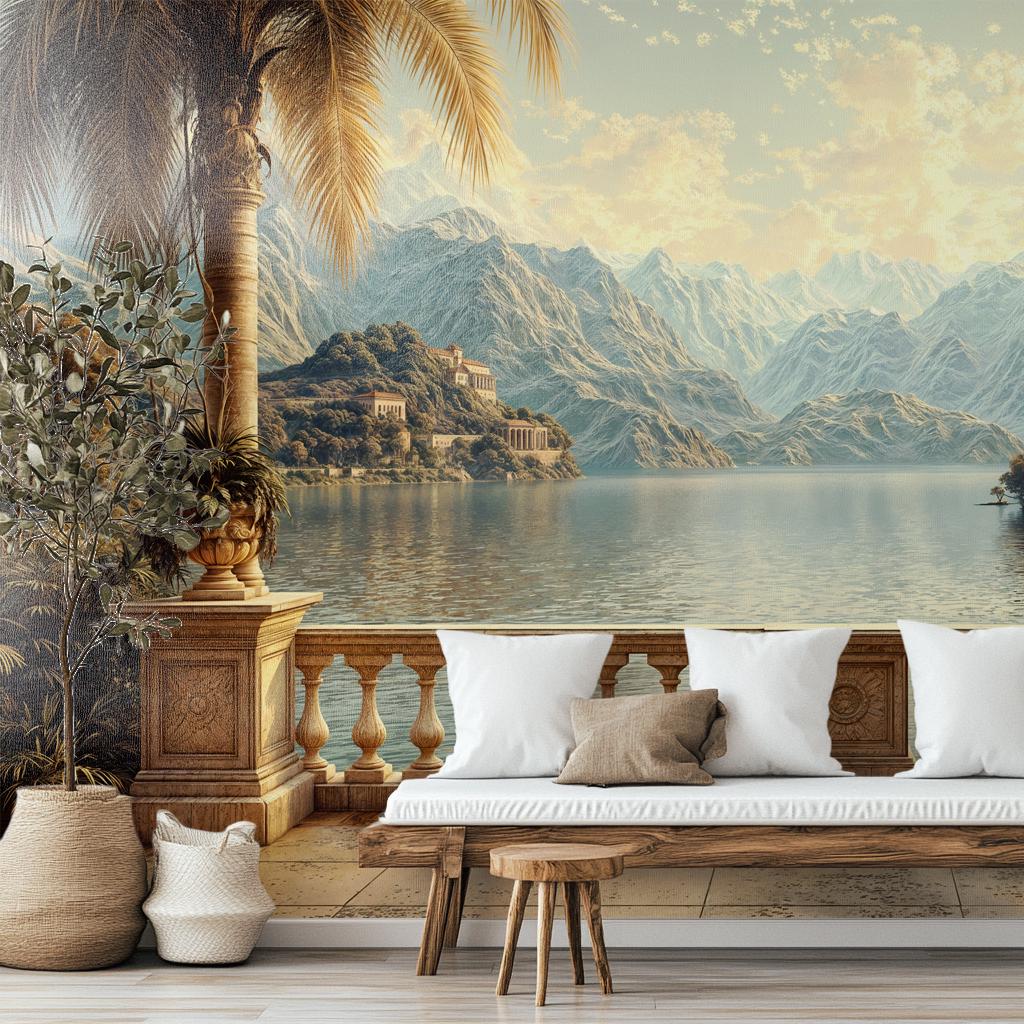 Mediterranean Balcony Elegant Lake Tropical Wallpaper – room setting, Golden Era Walls