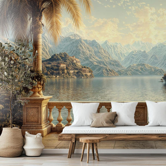 Mediterranean Balcony Elegant Lake Tropical Wallpaper – room setting, Golden Era Walls