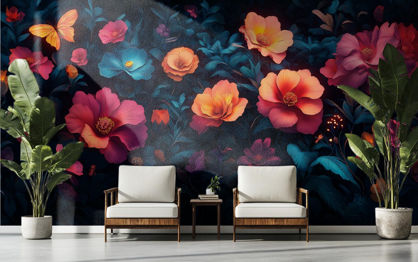 Midnight Floral Fantasy Psychedelic Floral Wallpaper – detail view, Golden Era Walls