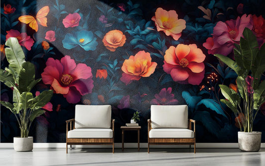 Midnight Floral Fantasy Psychedelic Floral Wallpaper – detail view, Golden Era Walls